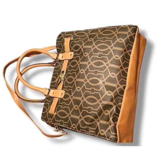 Women's Brown Lock & Key Charm Gold Hardware Multi-Compartment Shoulder Bag - Picture 2 of 5